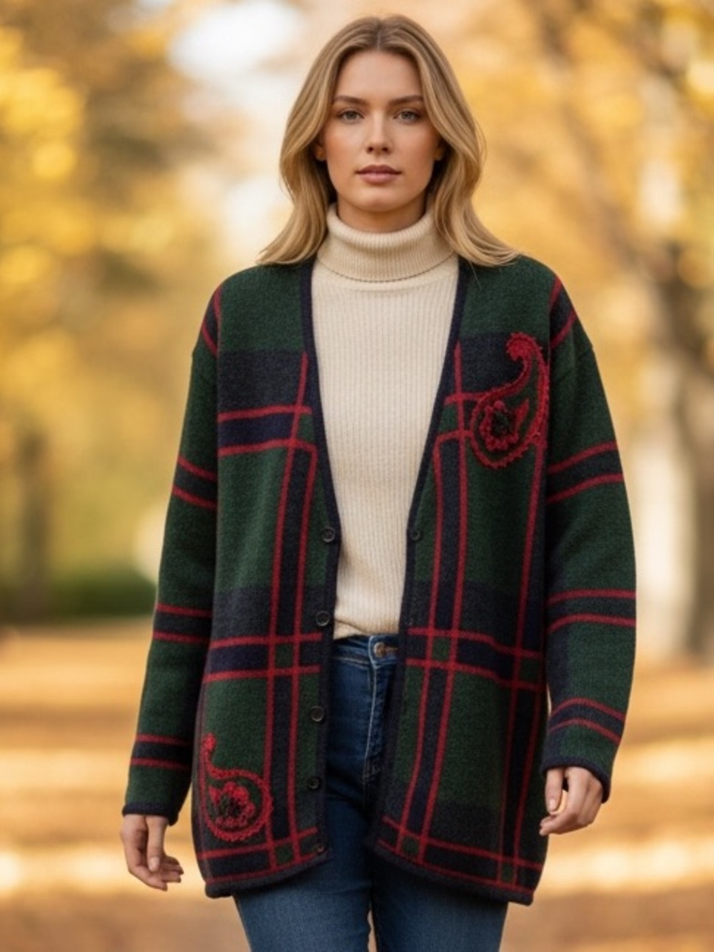 Vintage Pendleton Plaid Virgin Wool Cardigan Holidays Cornucopia Embroidery - Picture 1 of 15
